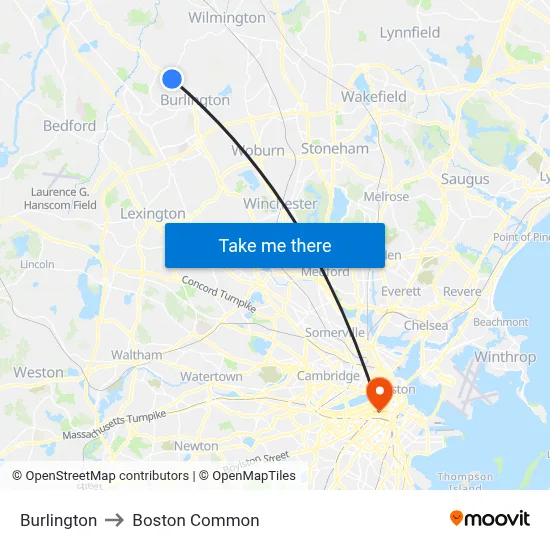 Burlington to Boston Common map