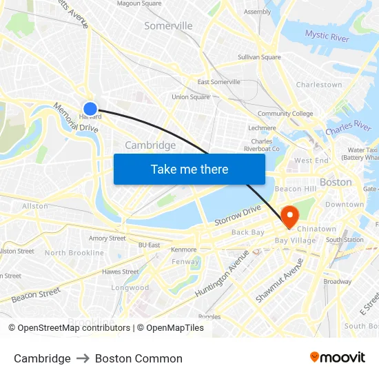 Cambridge to Boston Common map