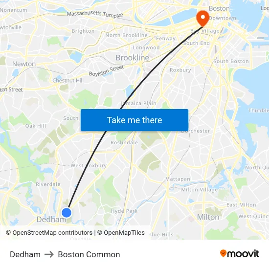 Dedham to Boston Common map