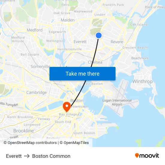 Everett to Boston Common map