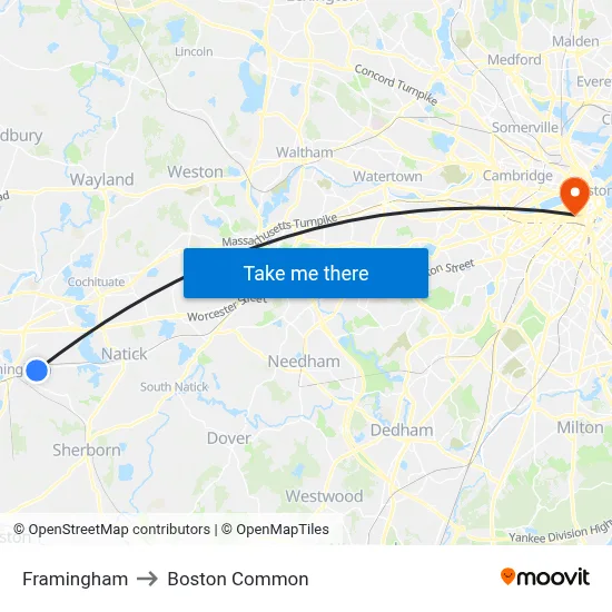 Framingham to Boston Common map