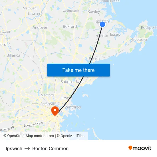 Ipswich to Boston Common map