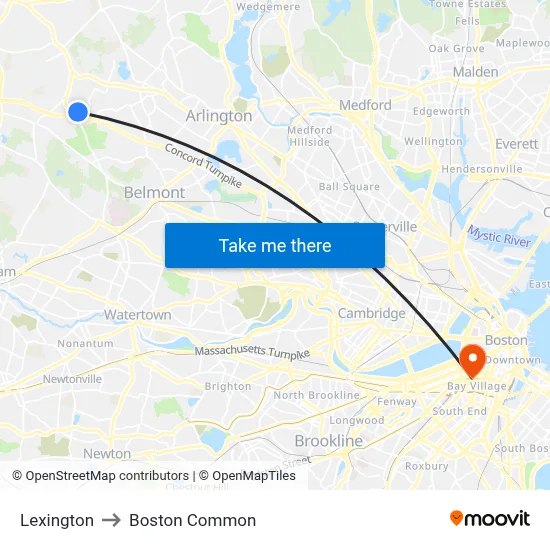 Lexington to Boston Common map