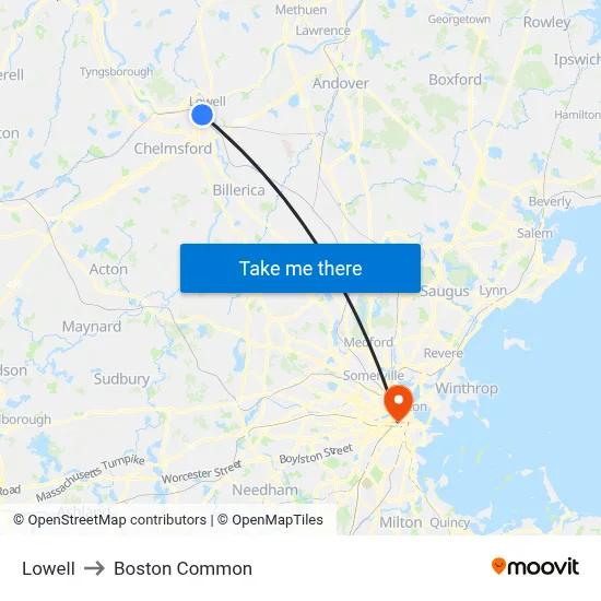 Lowell to Boston Common map
