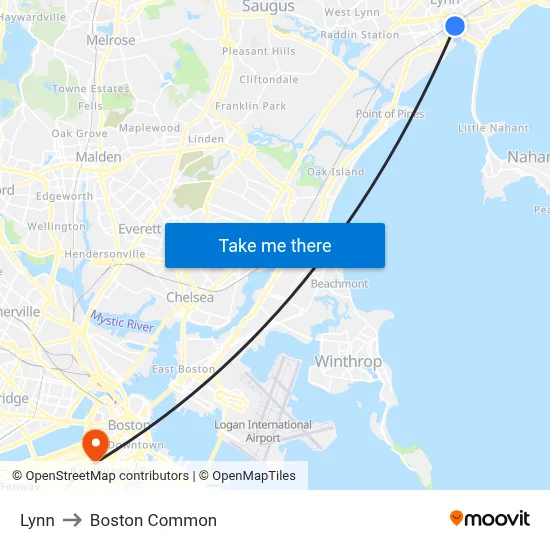 Lynn to Boston Common map