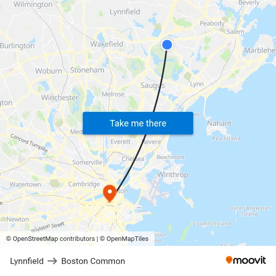 Lynnfield to Boston Common map