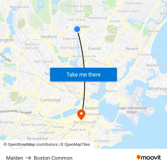 Malden to Boston Common map