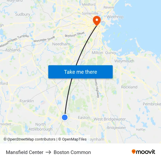 Mansfield Center to Boston Common map