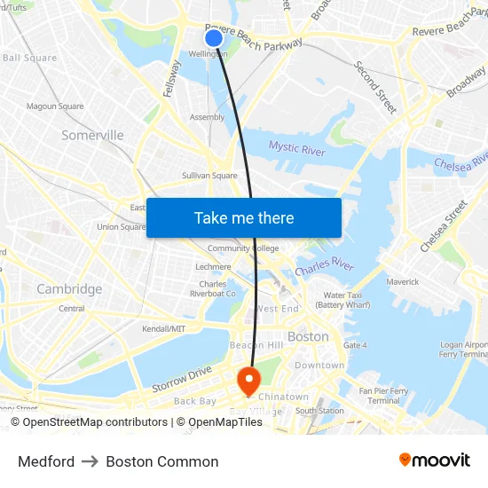 Medford to Boston Common map