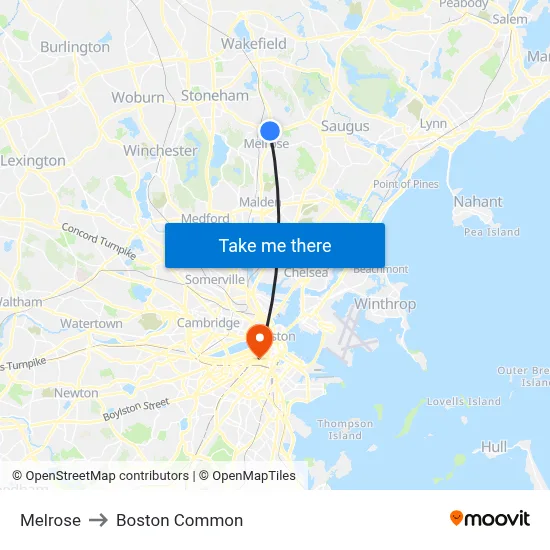 Melrose to Boston Common map