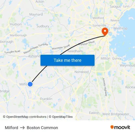 Milford to Boston Common map
