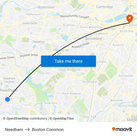 Needham to Boston Common map