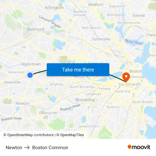 Newton to Boston Common map