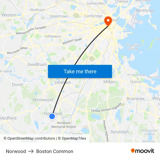 Norwood to Boston Common map
