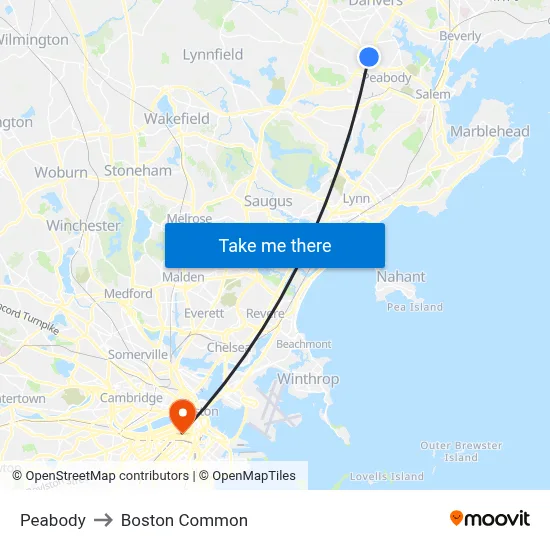 Peabody to Boston Common map