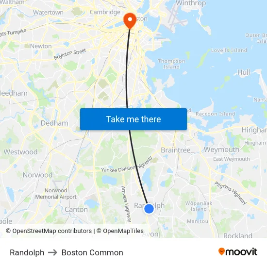 Randolph to Boston Common map
