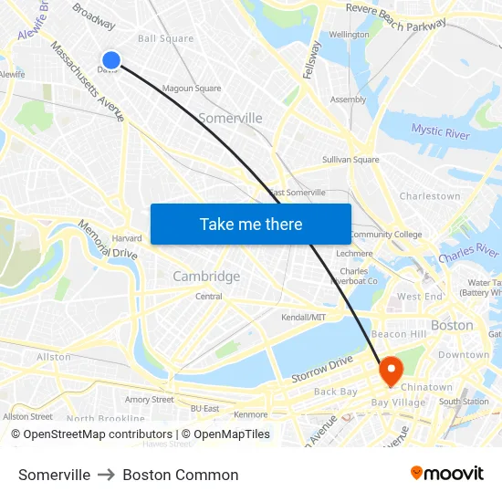 Somerville to Boston Common map