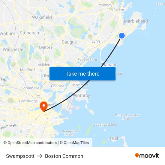 Swampscott to Boston Common map