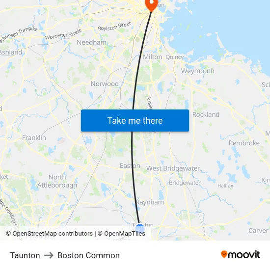 Taunton to Boston Common map
