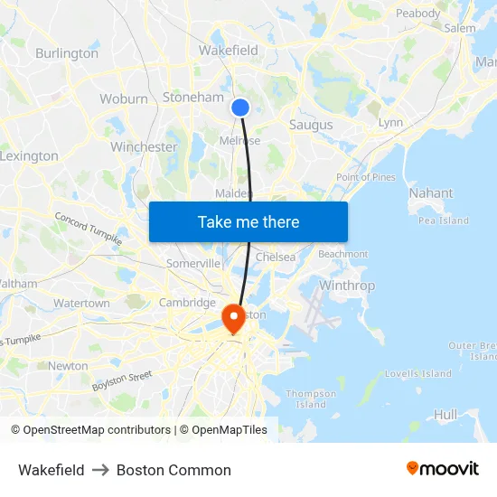 Wakefield to Boston Common map