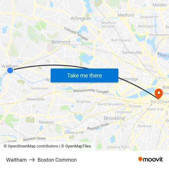 Waltham to Boston Common map