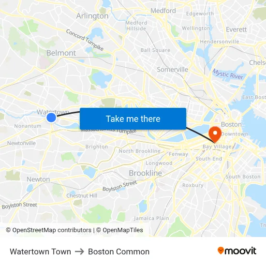 Watertown Town to Boston Common map