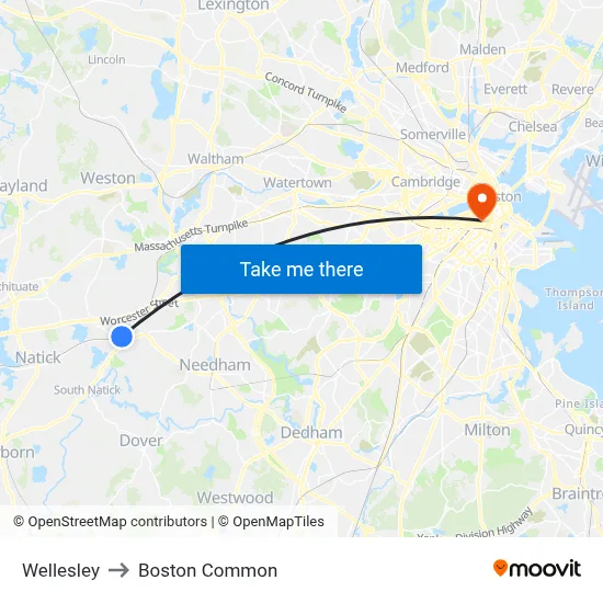 Wellesley to Boston Common map