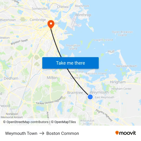 Weymouth Town to Boston Common map
