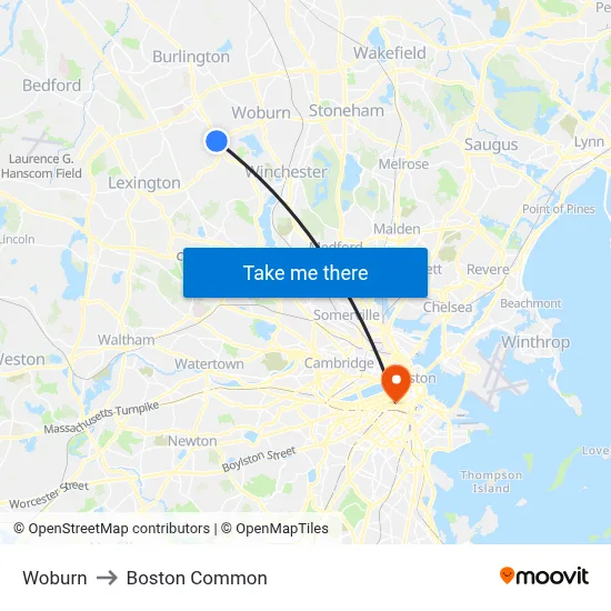 Woburn to Boston Common map