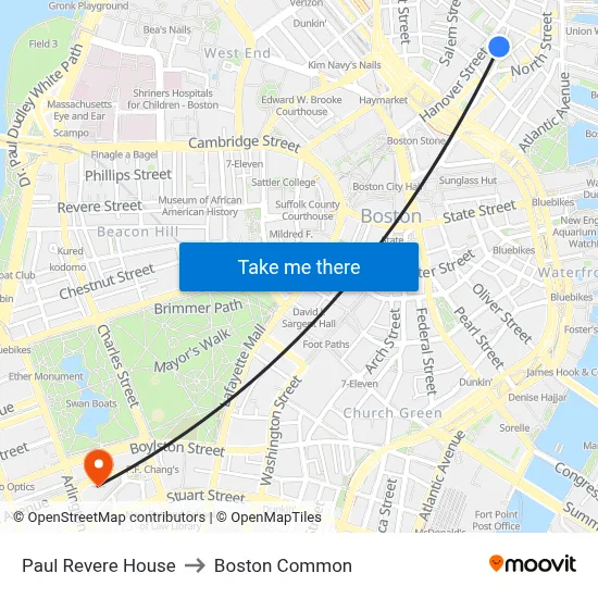 Paul Revere House to Boston Common map