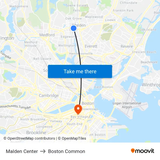 Malden Center to Boston Common map