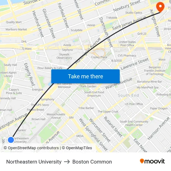 Northeastern University to Boston Common map