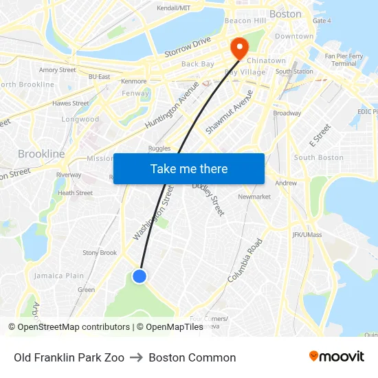 Old Franklin Park Zoo to Boston Common map