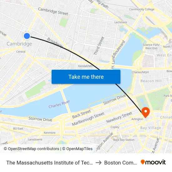 The Massachusetts Institute of Technology to Boston Common map
