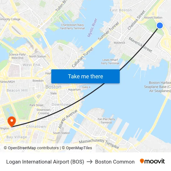 Logan International Airport (BOS) to Boston Common map