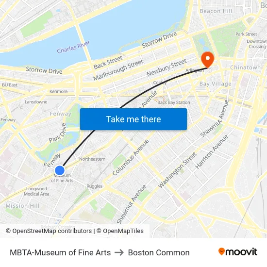 MBTA-Museum of Fine Arts to Boston Common map