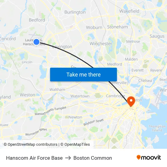 Hanscom Air Force Base to Boston Common map