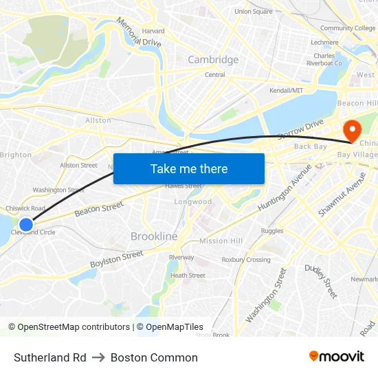 Sutherland Rd, Brighton, MA 02135 to Boston Common map
