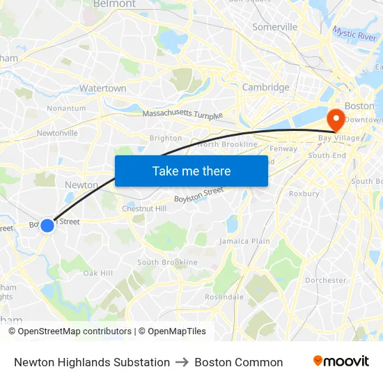 Newton Highlands Substation to Boston Common map