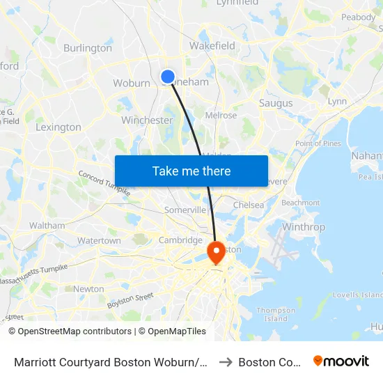 Marriott Courtyard Boston Woburn/Boston North to Boston Common map