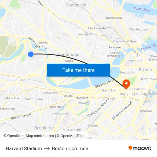 Harvard Stadium to Boston Common map