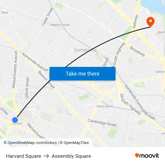 Harvard Square to Assembly Square map