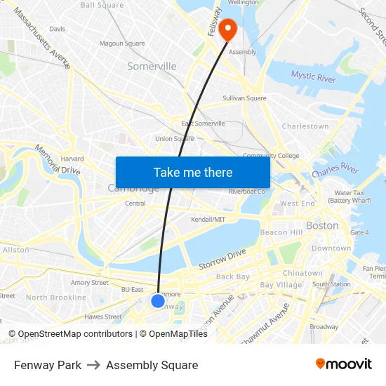 Fenway Park to Assembly Square map