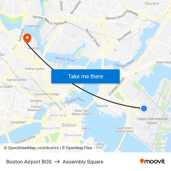 Boston Airport BOS to Assembly Square map