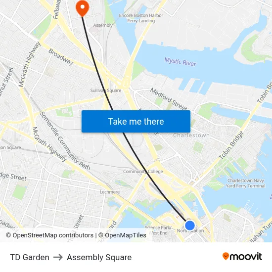 TD Garden to Assembly Square map
