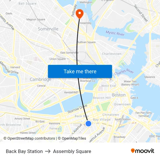 Back Bay Station to Assembly Square map