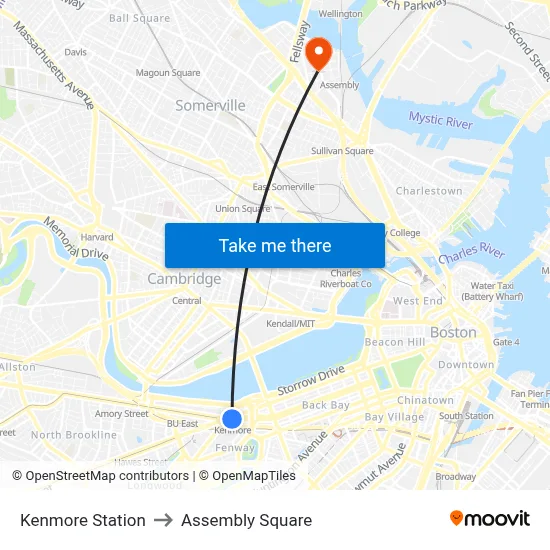 Kenmore Station to Assembly Square map