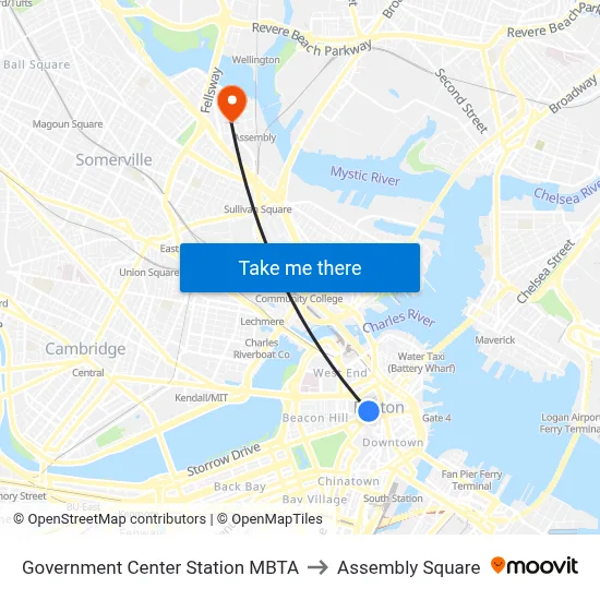 Government Center Station MBTA to Assembly Square map