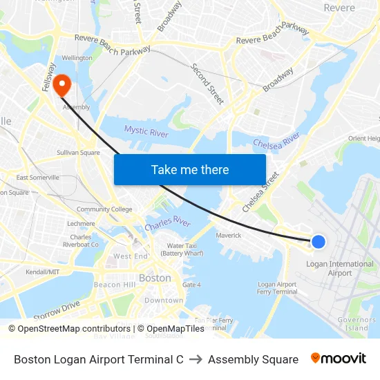 Boston Logan Airport Terminal C to Assembly Square map