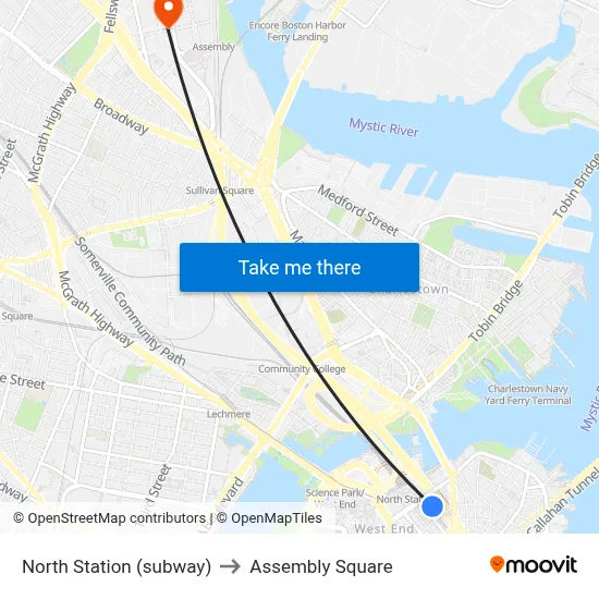 North Station (subway) to Assembly Square map